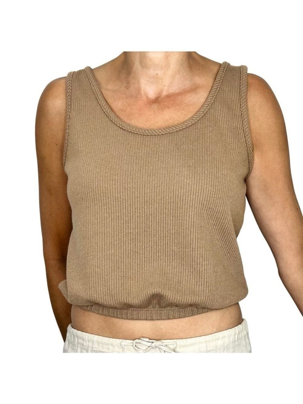 Olivia Rae minimalist taupe brown cropped knit round neck sleeveless tank top M